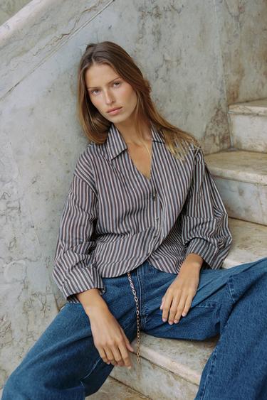 STRIPED SHIRT WITH BELT - Brown by Zara - Image 0