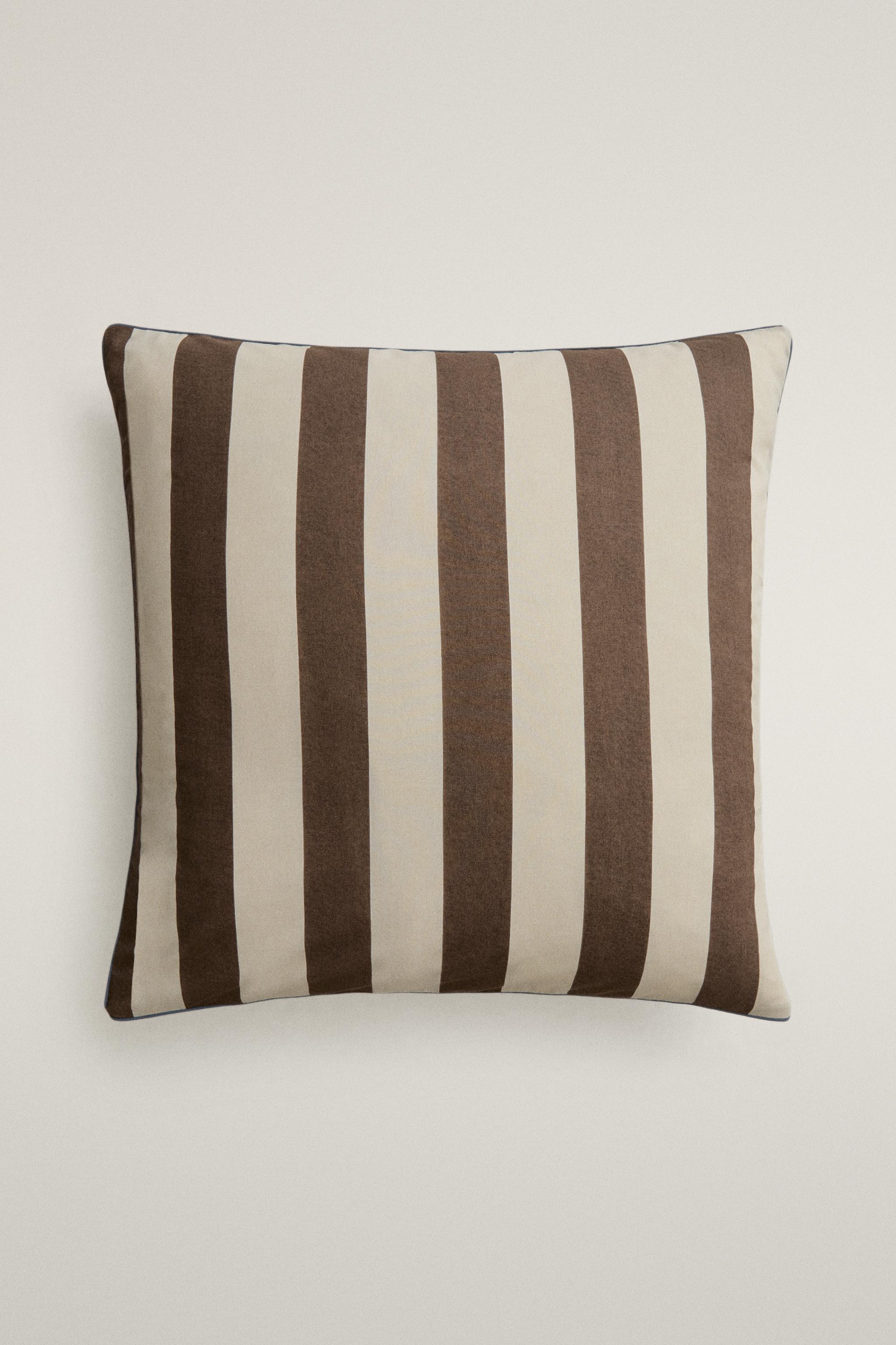 FADED STRIPED COTTON PILLOWCASE — Dark brown