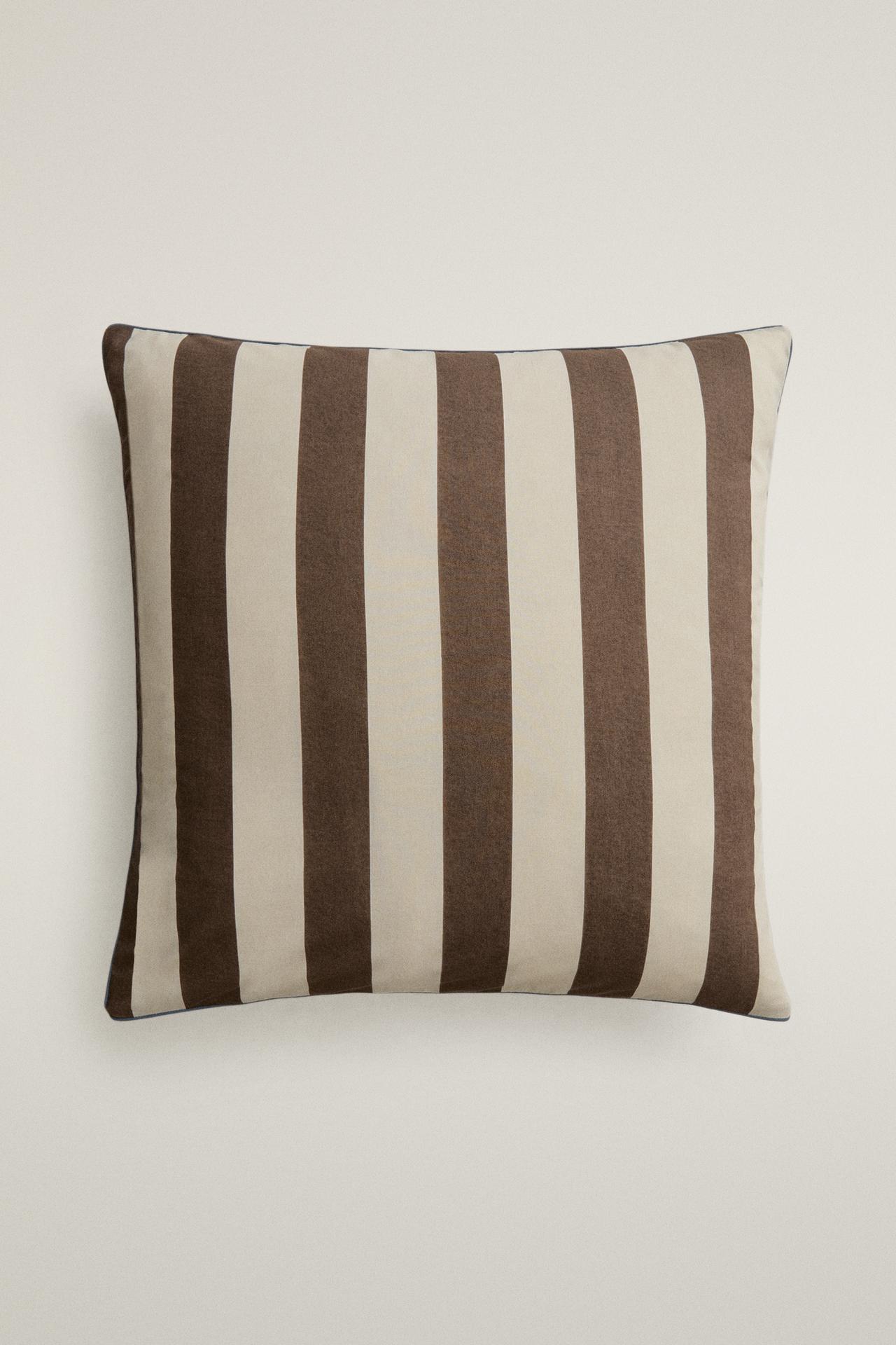 FADED STRIPED COTTON PILLOWCASE — Dark brown