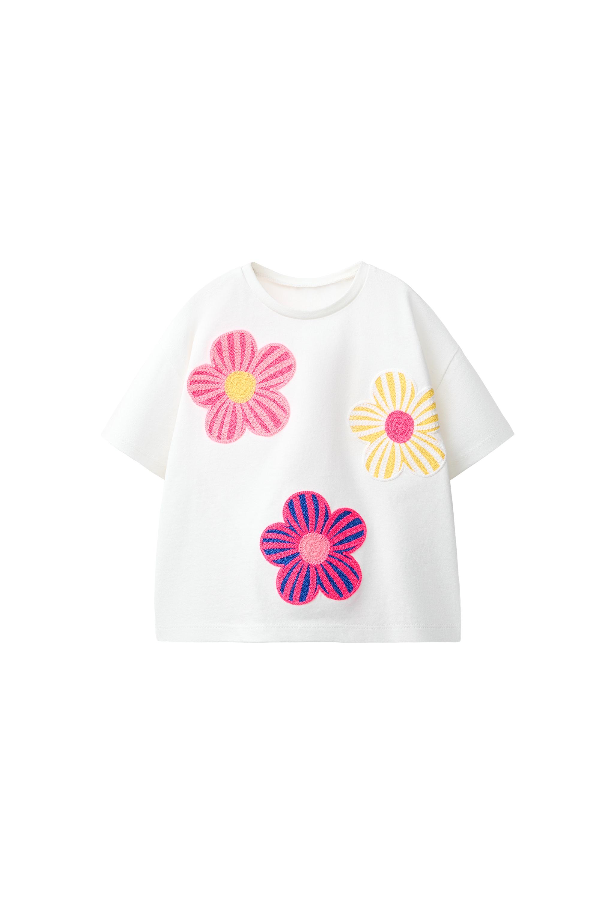 フラワーアップリケTシャツ - オフホワイト | ZARA Japan / 日本