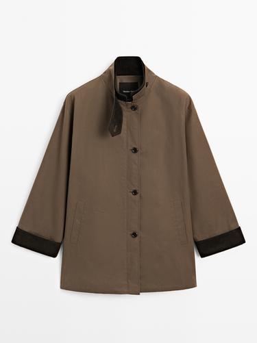 Zara Waxed high neck parka with corduroy detail - Khaki