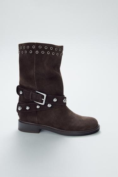 스터드 스웨이드 앵클부츠 - Zara 브라운