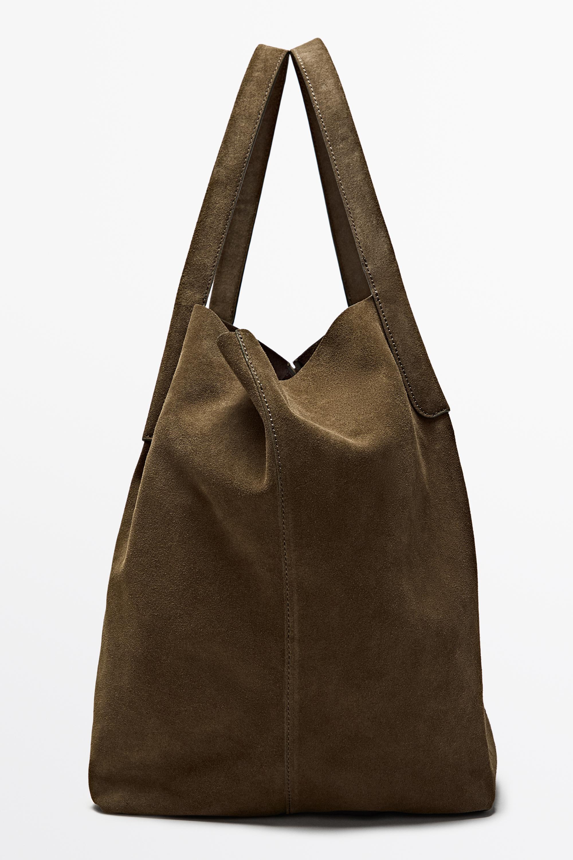 Split suede leather tote bag — Khaki