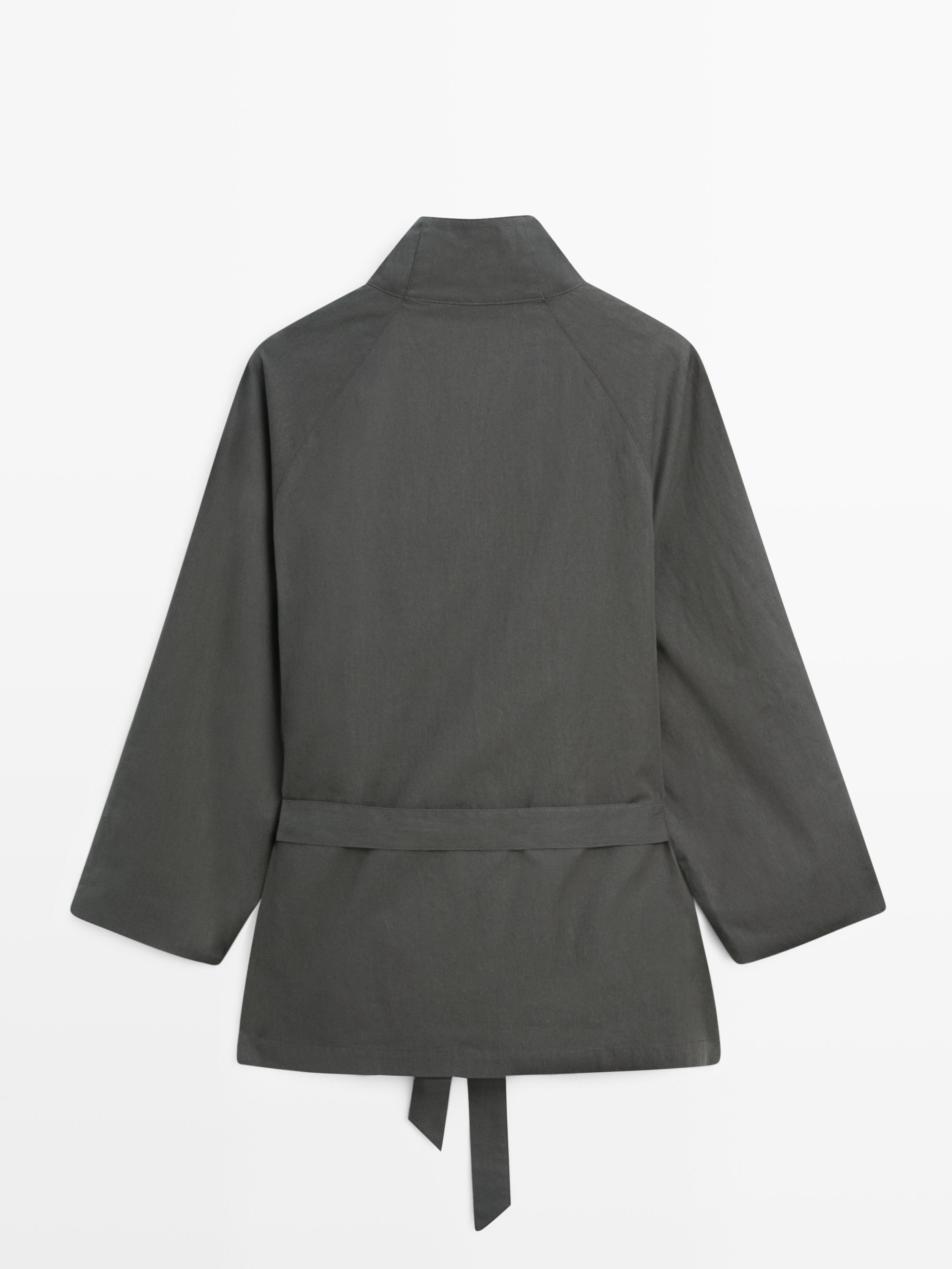 Short cotton blend trench coat with belt