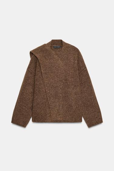 Zara 圍巾針織開襟衫 - 棕色