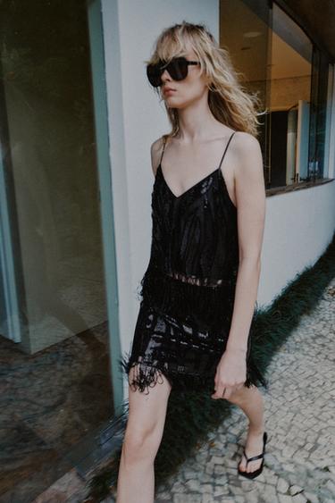 Zara FRINGED SEQUIN TOP - Black