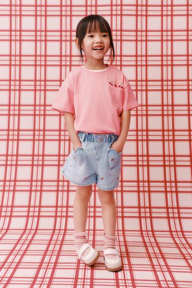 EMBROIDERED CHERRY DENIM PAPERBAG BERMUDA SHORTS - Blue by Zara