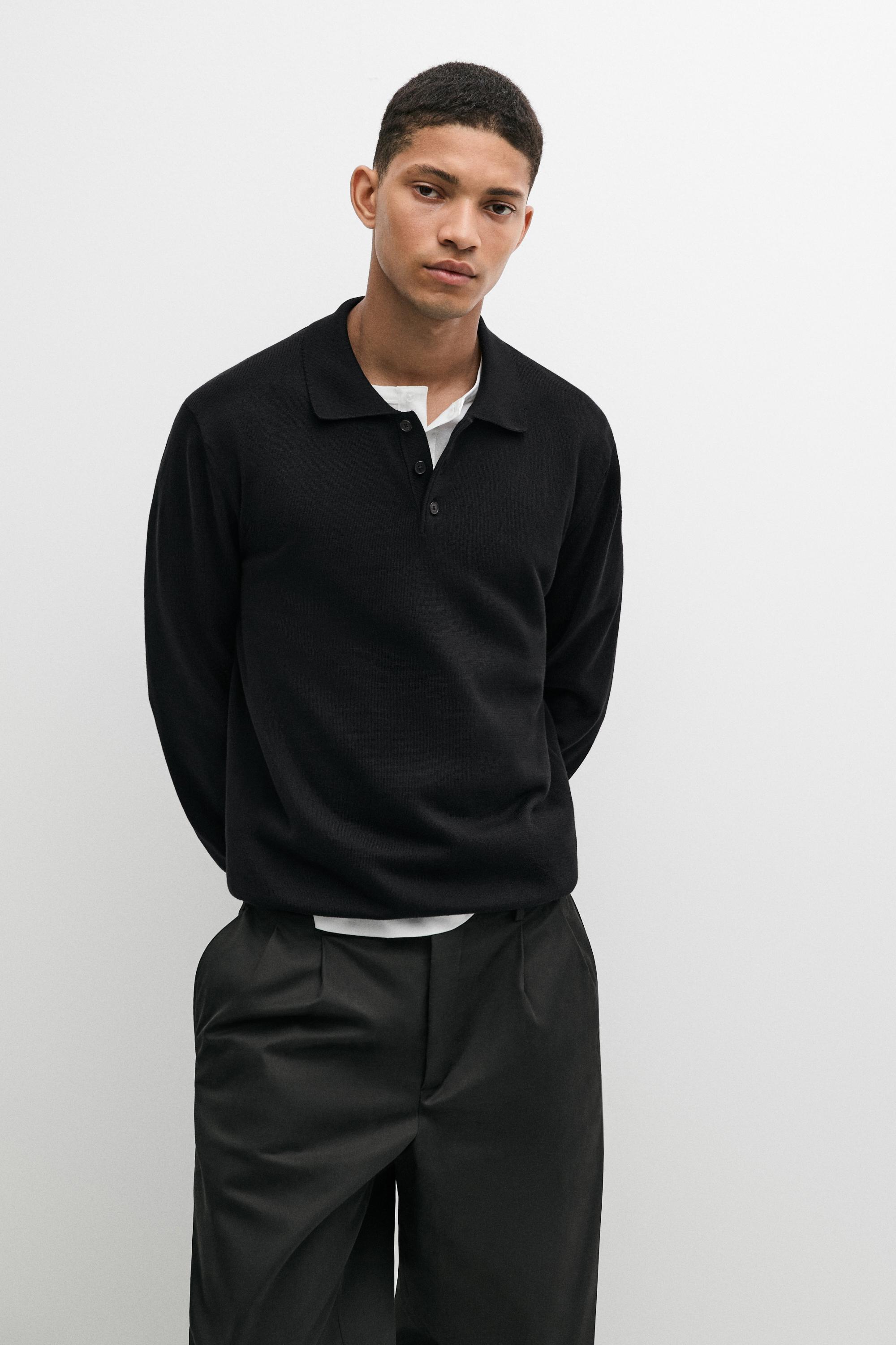 100% cotton knit polo sweater — Black