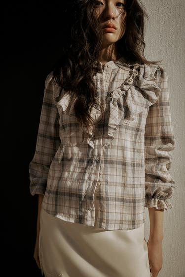 CHECK SHIRT WITH RUFFLES - Ecru / Brown by Zara