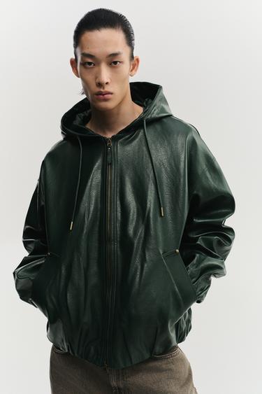 HOODED LEATHER EFFECT JACKET - Green by Zara
