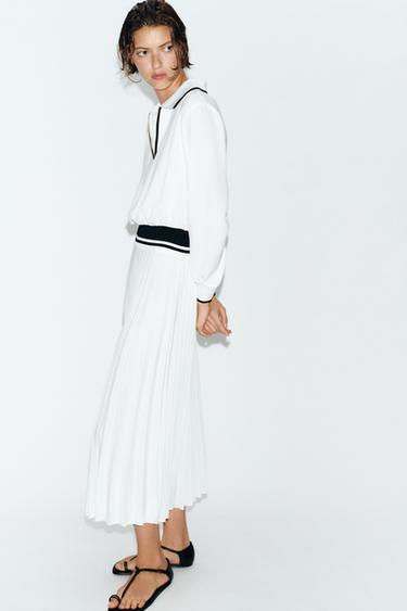 PLEATED CONTRAST MIDI DRESS - White by Zara - Image 4