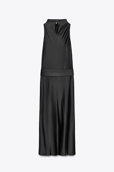 ROBE MIDI SATINÉE CEINTURE - Noir de Zara - Image 1