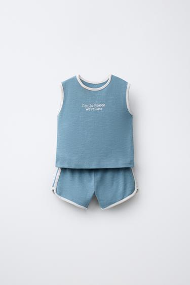 Zara TEXT T-SHIRT AND SHORTS SET - Light petrol blue