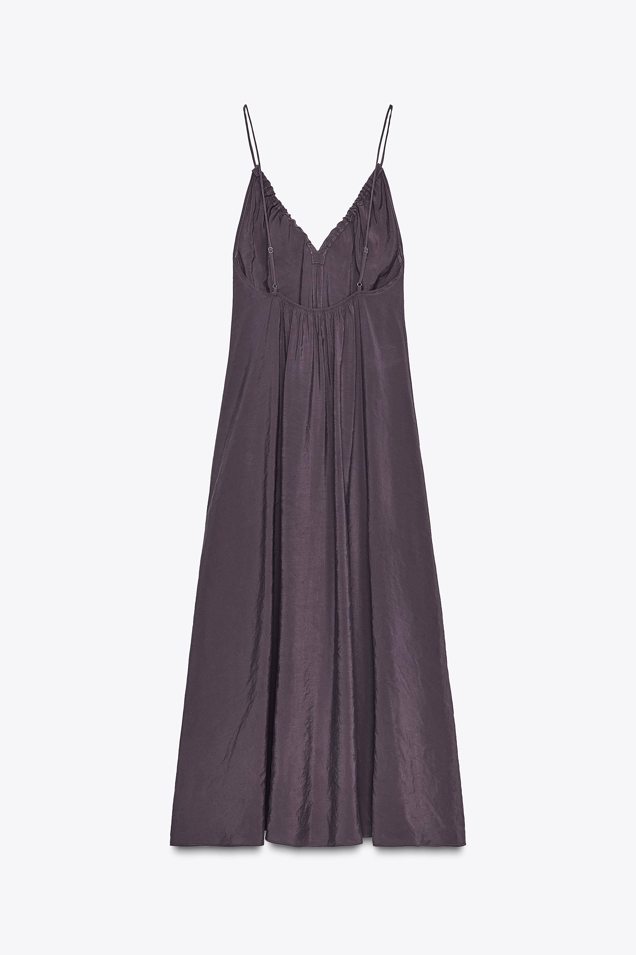 国内発送★ZARA★フリルネックフルイド*ミディ丈ワンピース フリルネックフルイドミディ丈ワンピース - パープル | ZARA