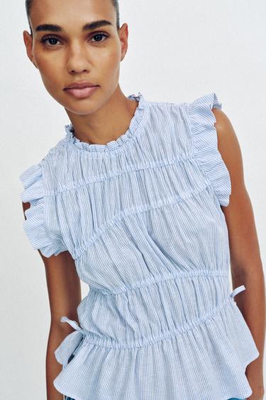 ELASTICATED STRIPED TOP - Blue/White by Zara