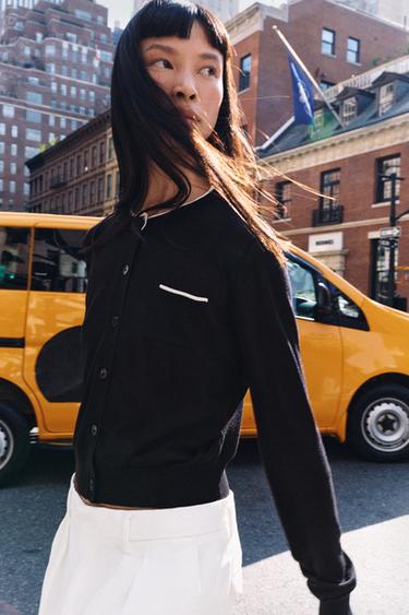Zara COMBINATION KNIT JACKET - Black / White