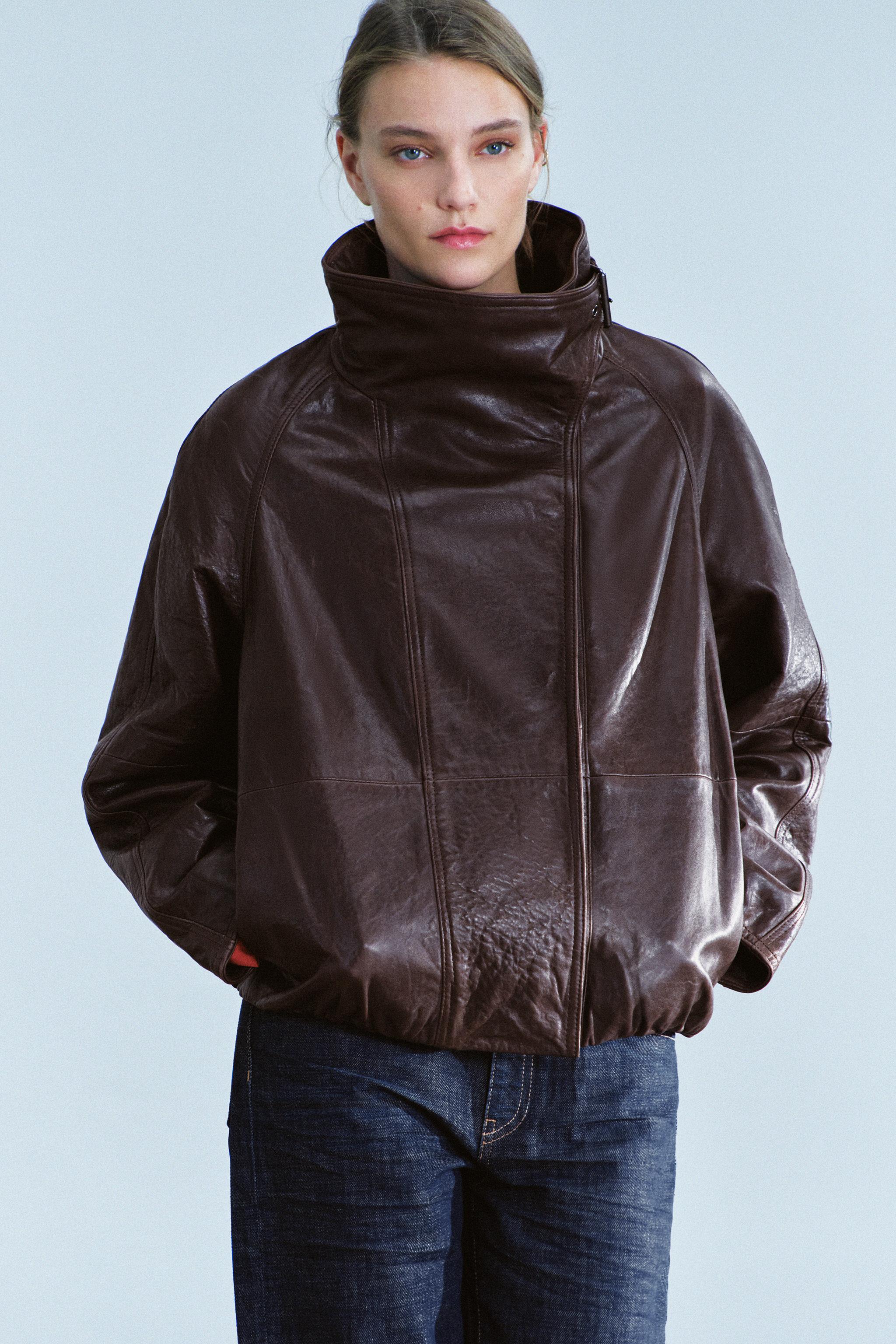 100% LEATHER STAND-COLLAR JACKET ZW COLLECTION