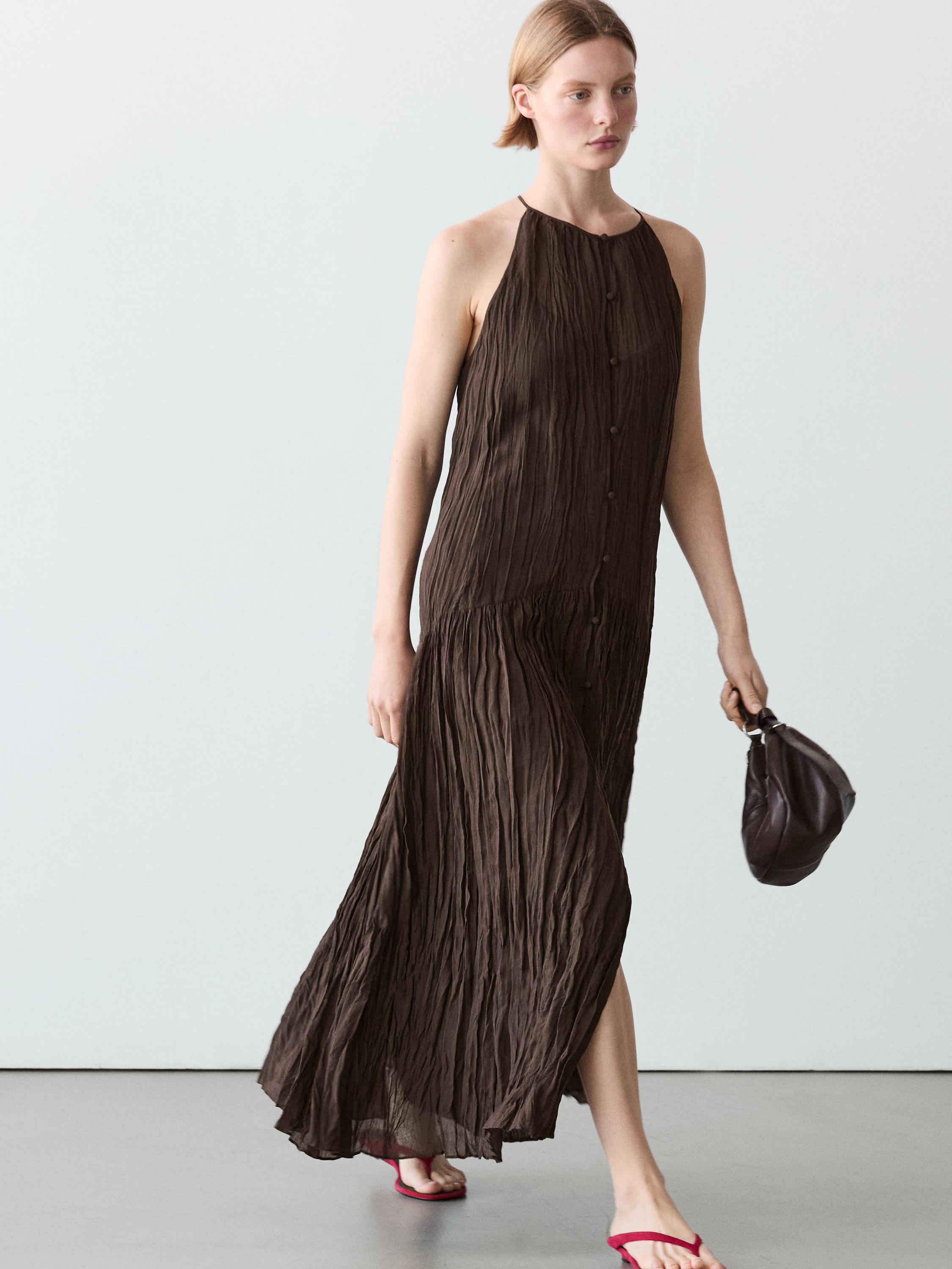 Flowing midi dress with button details — Brown
