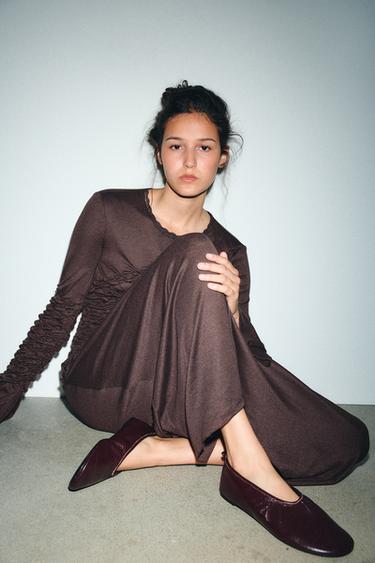 Zara SOFT EFFECT LEATHER BALLET FLATS - Burgundy Red