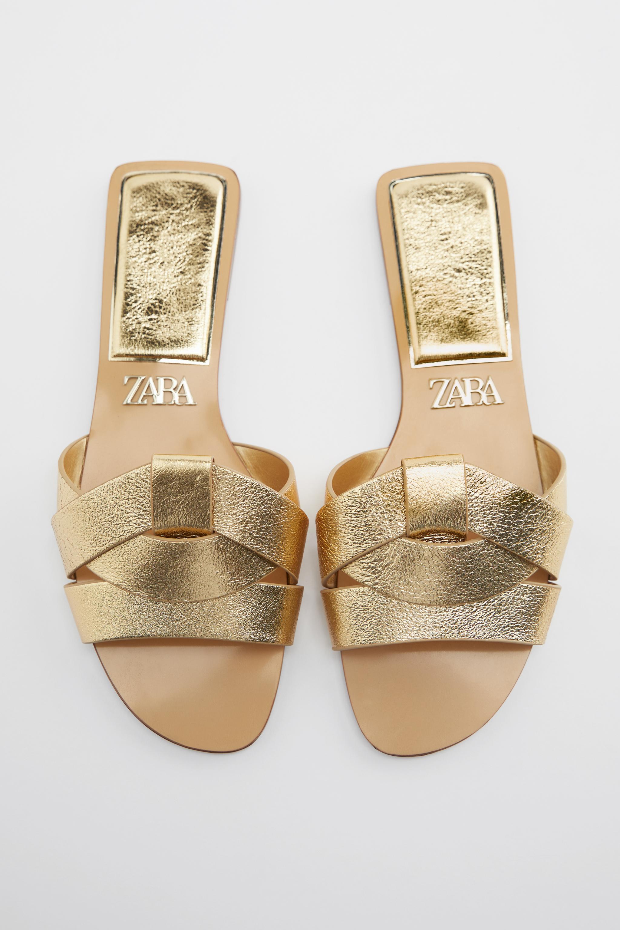 FLAT CROSSED LEATHER SANDALS - Gold | ZARA United States
