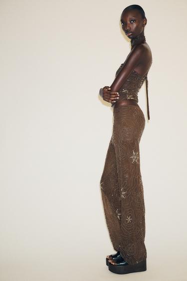 BEADED SEQUIN TROUSERS - Chocolate by Zara
