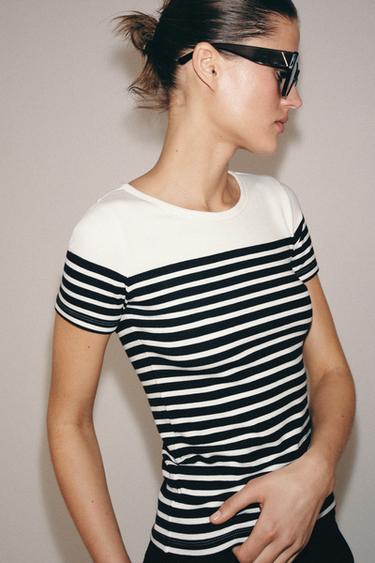 STRIPED SHORT SLEEVE T-SHIRT - Ecru / Blue by Zara