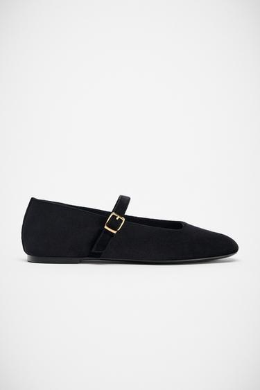 Zara BUCKLE VELVET EFFECT BALLET FLATS - Black
