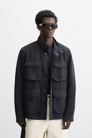 COTTON-LINEN JACKET WITH POCKETS - Navy blue by Zara