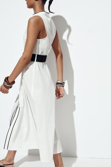 ROBE MIDI EN POPELINE LISERÉS CONTRASTE - Écru de Zara - Image 4