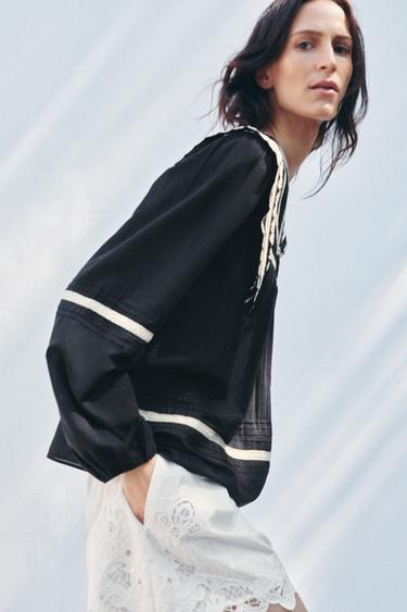 ZW COLLECTION BLOUSE WITH CONTRAST EMBROIDERY - Black / Ecru by Zara - Image 3