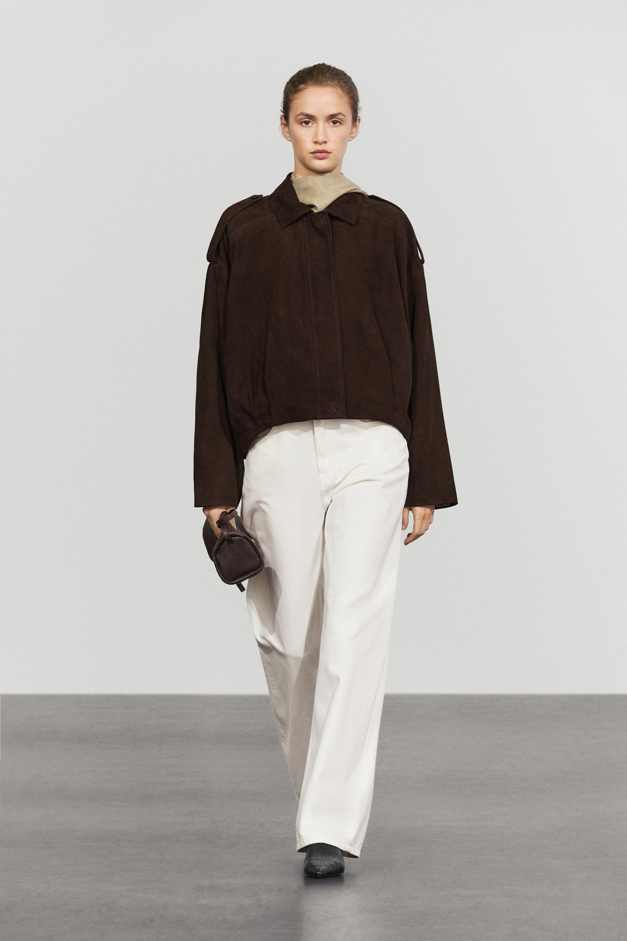 Blouson bomber avec détail de plis en cuir et daim