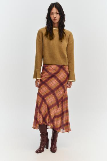 Zara ZW COLLECTION 格紋長裙 - 暗紅色