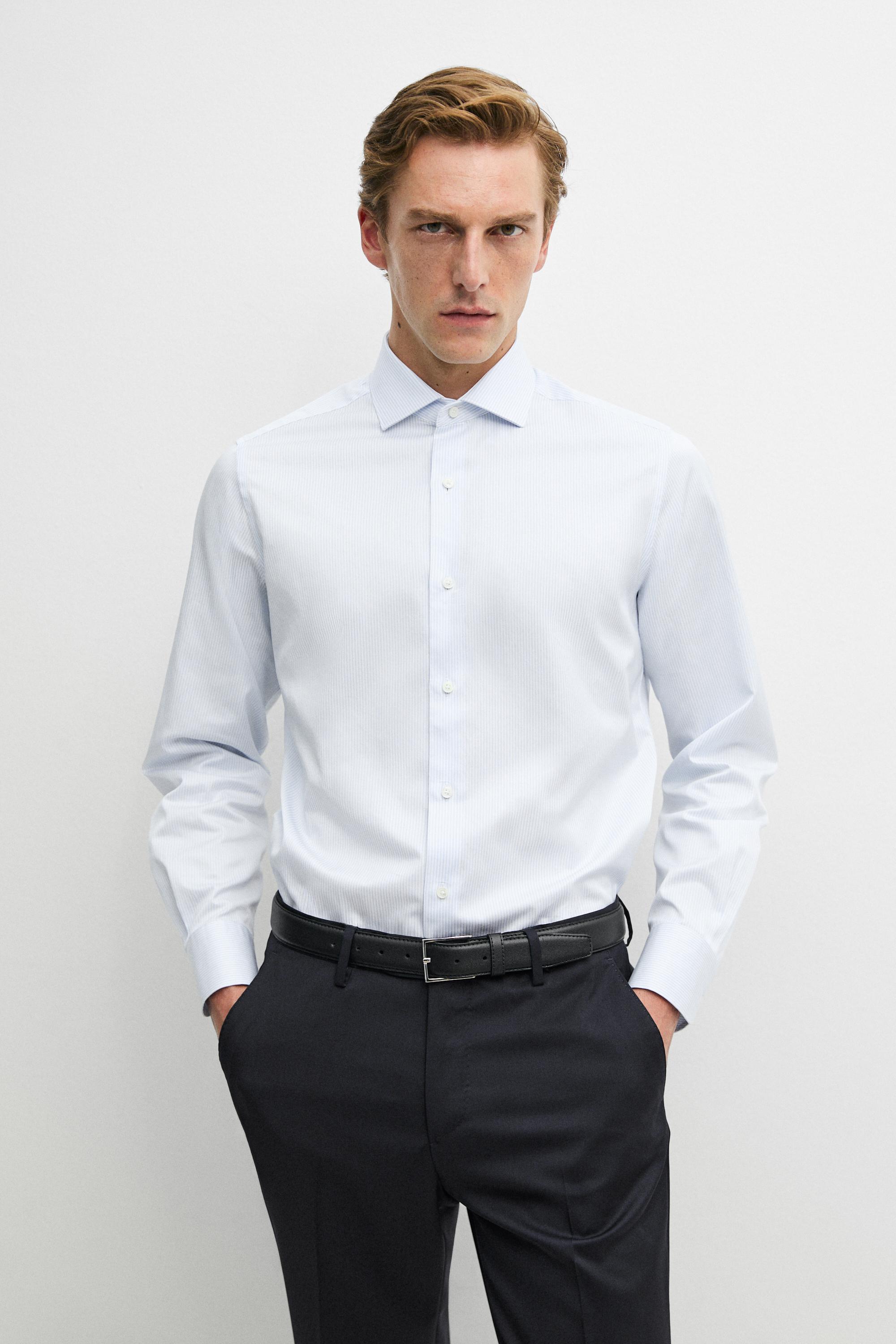 Slim fit 100% cotton double stripe shirt — Green stripe