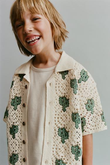 CAMISA PUNTO CROCHET CACTUS - Crudo / Verde de Zara