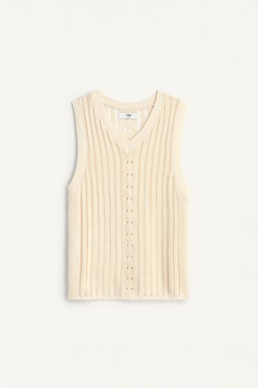 Zara OPENWORK KNIT TANK TOP - Light beige