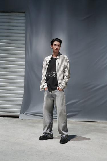 Zara 棉質嫘縈纖維條紋襯衫 - 灰色