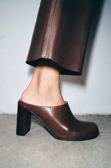Zara LEATHER BLOCK HEEL MULES LIMITED EDITION - Brown
