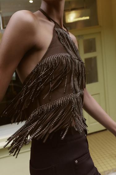 SPARKLY FAUX SUEDE EFFECT FRINGED TOP - Brown by Zara