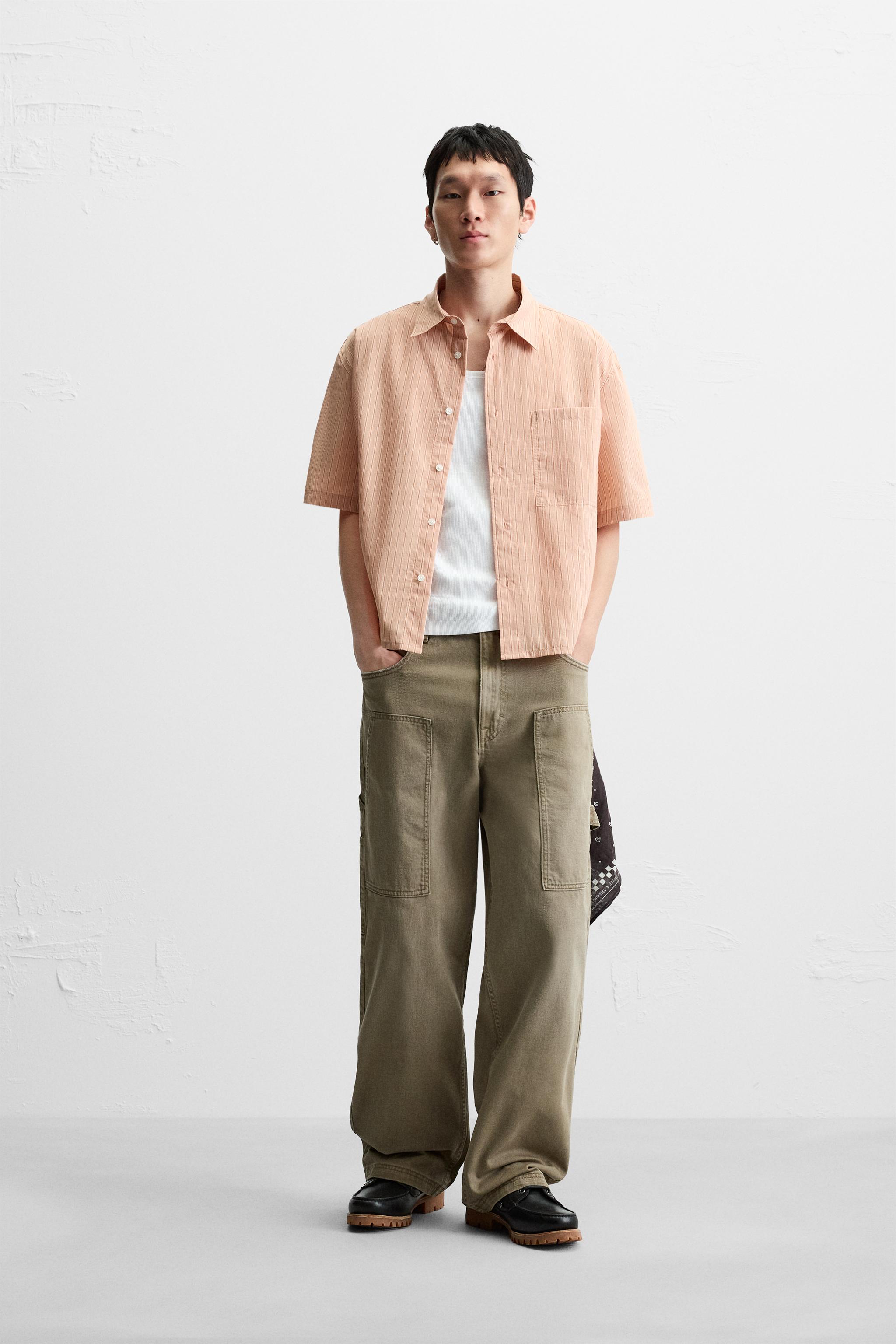 ストライプクロップドフィットシャツ - サーモンピンク | ZARA