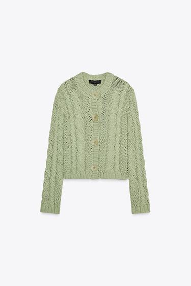 ТРИКОТАЖНА ЖИЛЕТКА С КОПЧЕТА С ФЛОРАЛНИ ДЕТАЙЛИ - Светлозелен от Zara