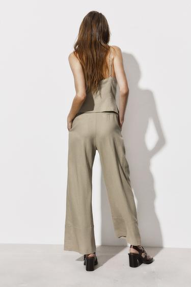 LONG LINEN BLEND JUMPSUIT WITH TIE DETAIL - Light khaki by Zara