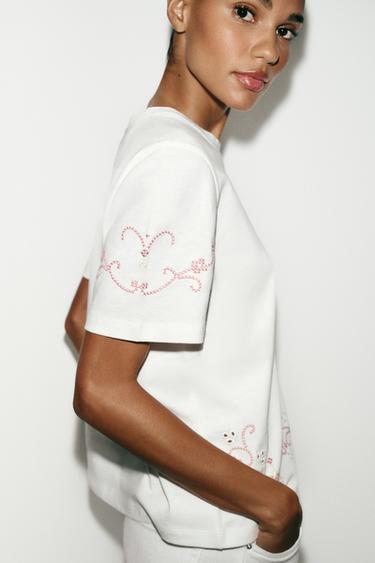 CONTRAST EMBROIDERED T-SHIRT - White by Zara