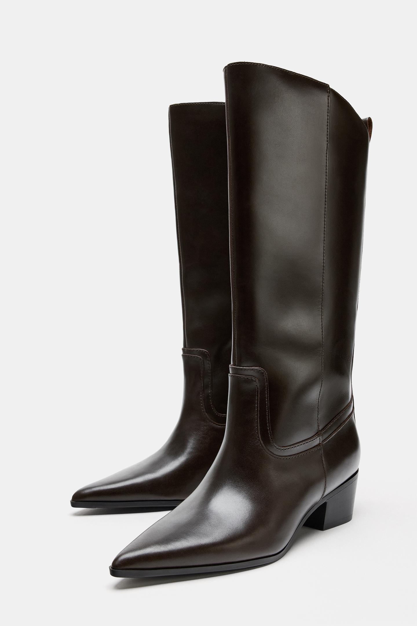 Женские ботинки Zara Leather Cowboy Heeled, цвет: Коричневый — фото 3