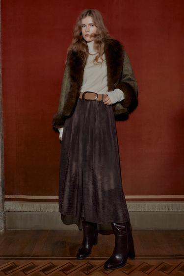 BLURRED PRINT MIDI SKIRT WITH BELT - Brown / Green by Zara