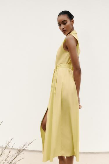 POPLIN MIDI DRESS WITH BELT - Yellow by Zara - Image 5