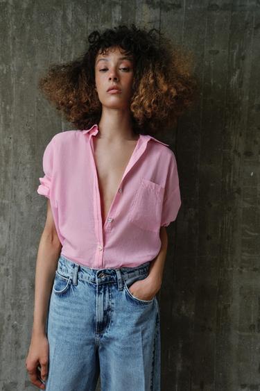 Zara OVERSIZED COTTON SHIRT - Pale pink