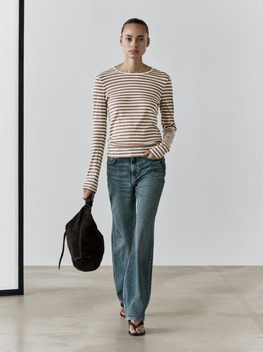 Zara Striped 100% cotton T-shirt - Beige marl - Image 0