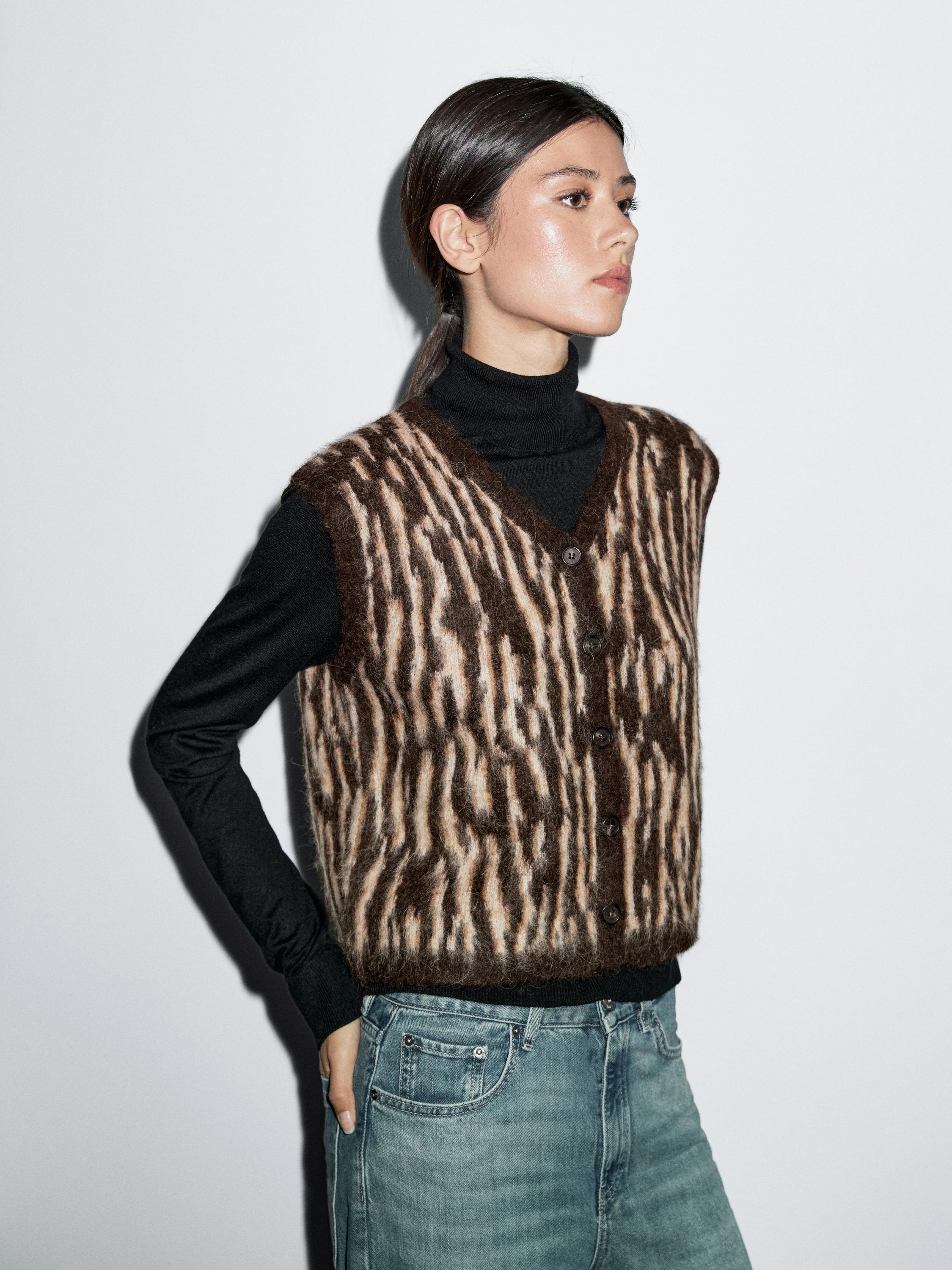 Veste sans manches en maille de laine mélangée à imprimé animal