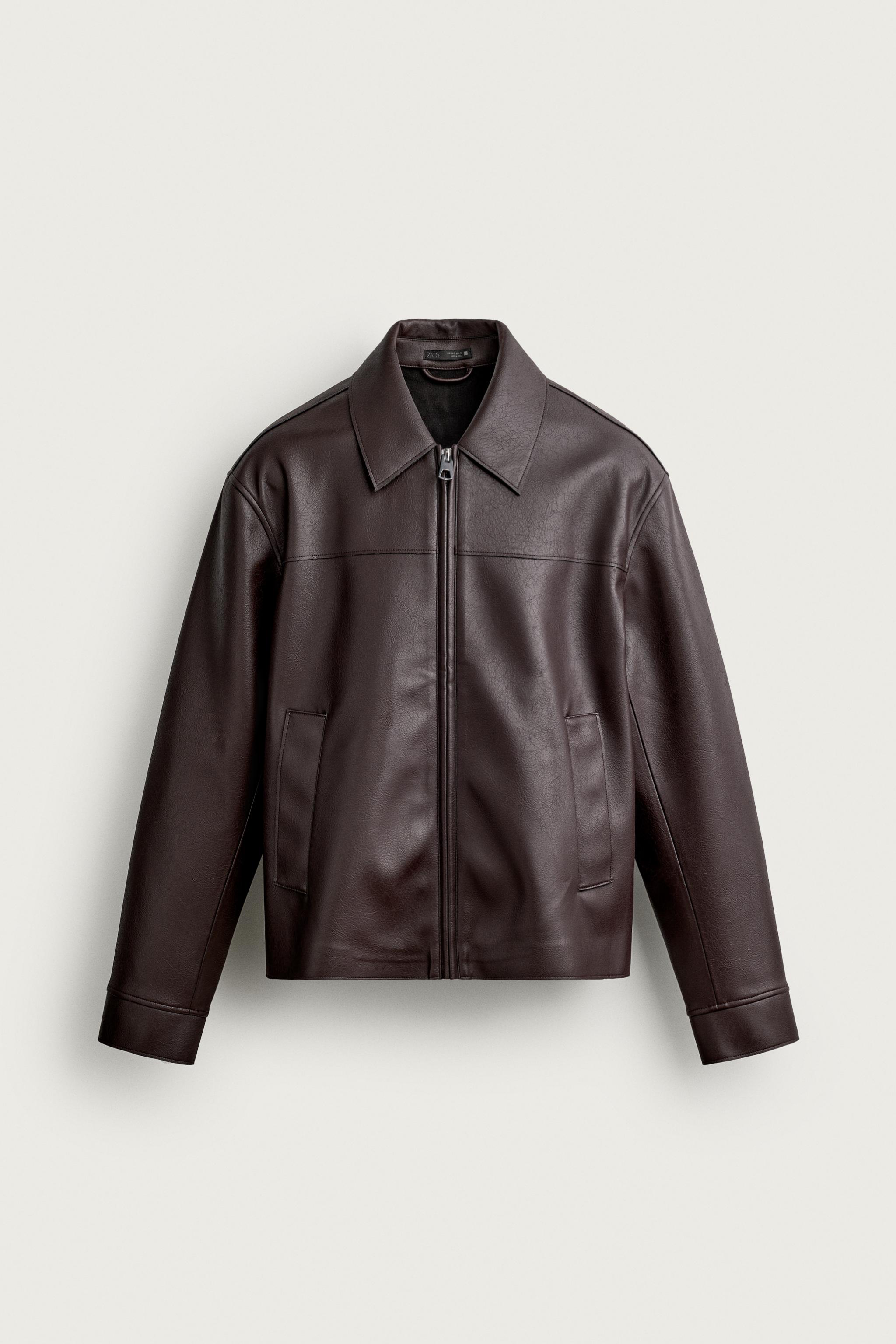 FAUX LEATHER REGULAR FIT JACKET — Chocolate