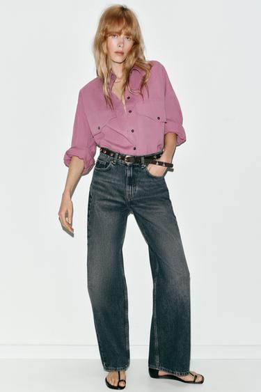 Zara Z1975 系列高腰直筒錐形繫帶牛仔褲 - 靛青色